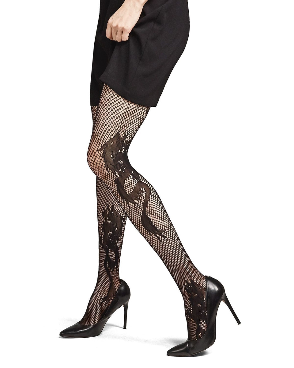 Dragon Toss Patterned Net Tights - Black - Small - Ultra-Fine Net Design