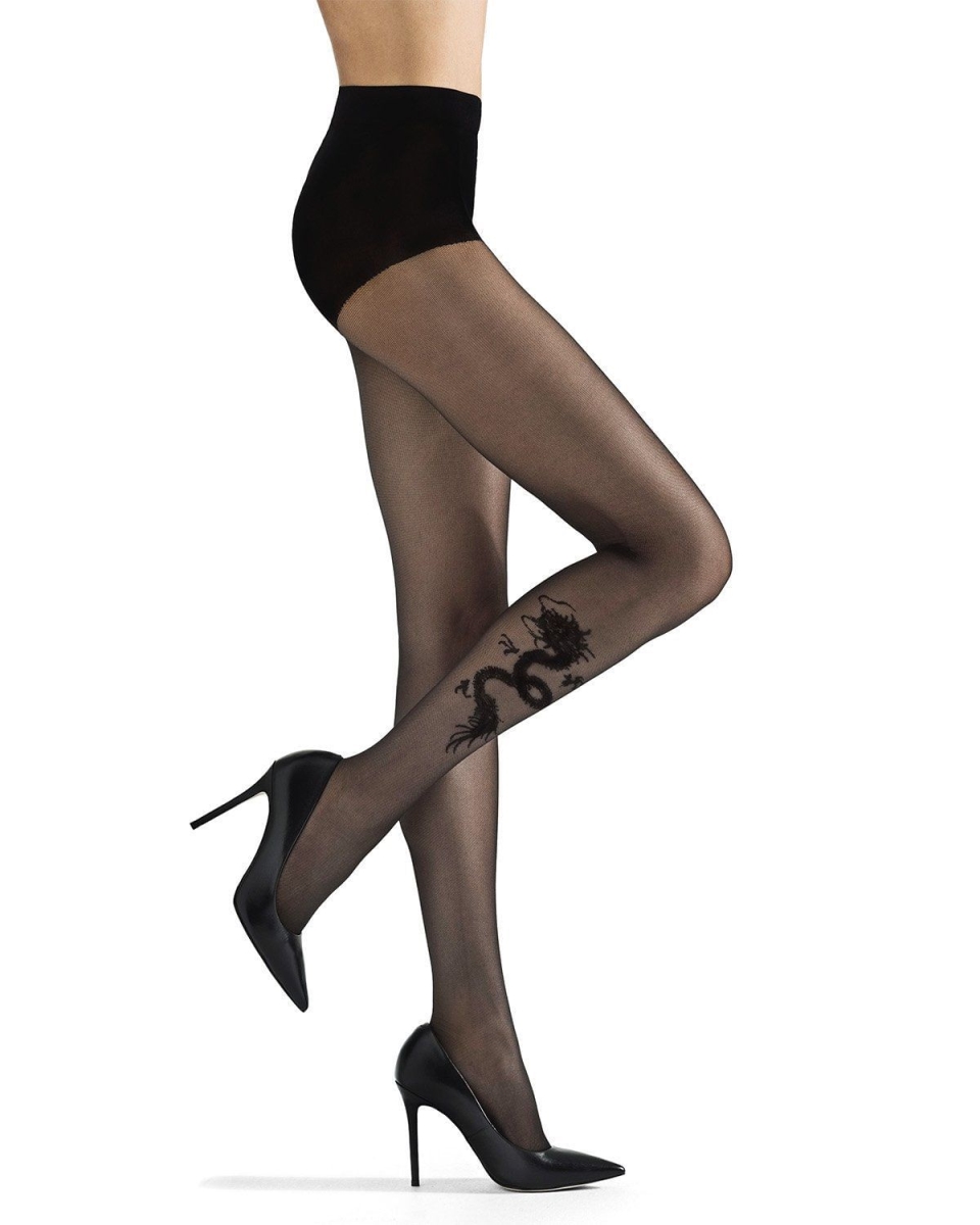 Dragon Sheer Tights for Womens - Black - Extra Large