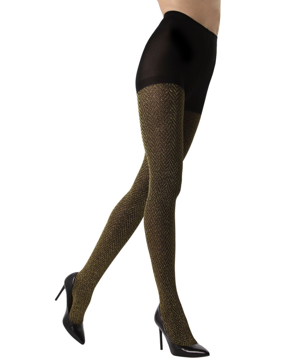 MF7-191-00014-M-L Metallic Chevron Tights for Womens, Black & Gold - Medium-Large