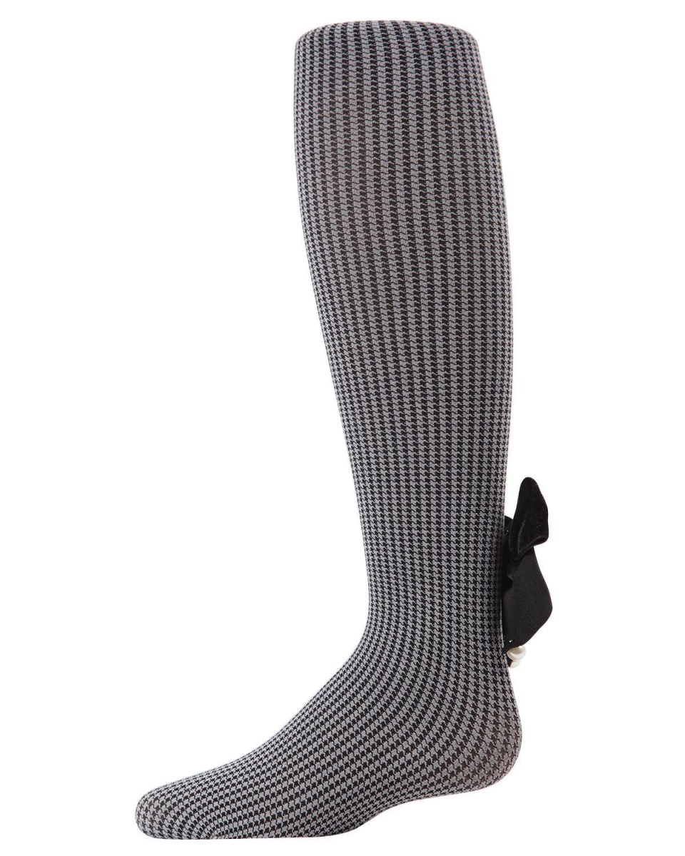 Herringbone Bow Back Girls Tights - Black - Size 8-10