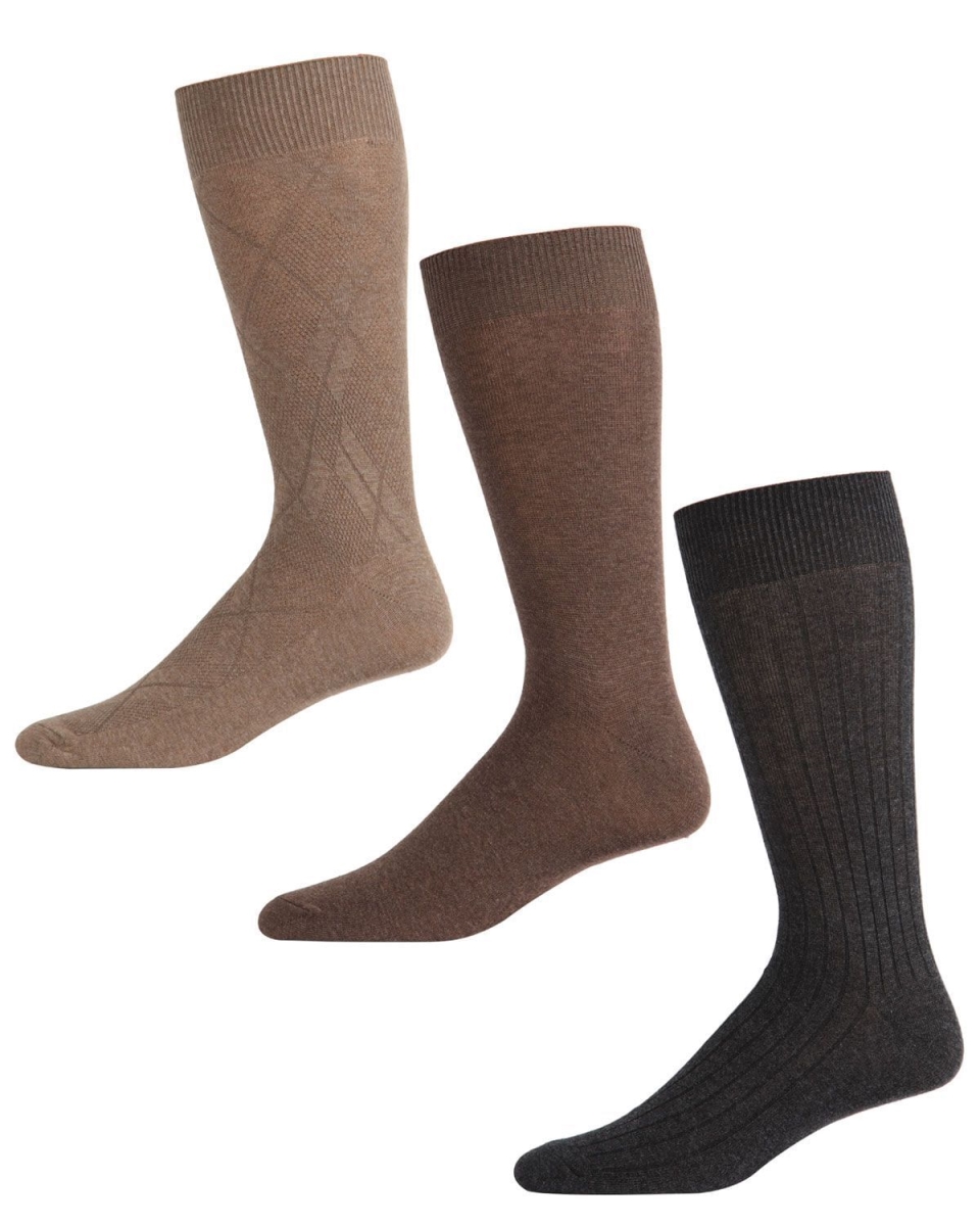 183766-KBG-1013 Mens Luxury Microfiber Diamond Crew Socks - Khaki, Brown & Gray - Size 10-13 - Pack of 3 -  Memoi