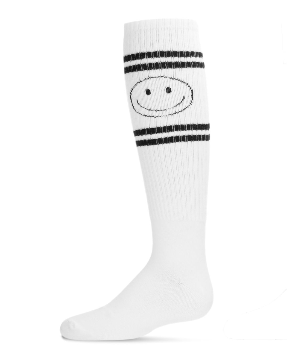 MKF-7079-10103-4 Athletic Smiley Knee High Socks for Girls, White - Size 4