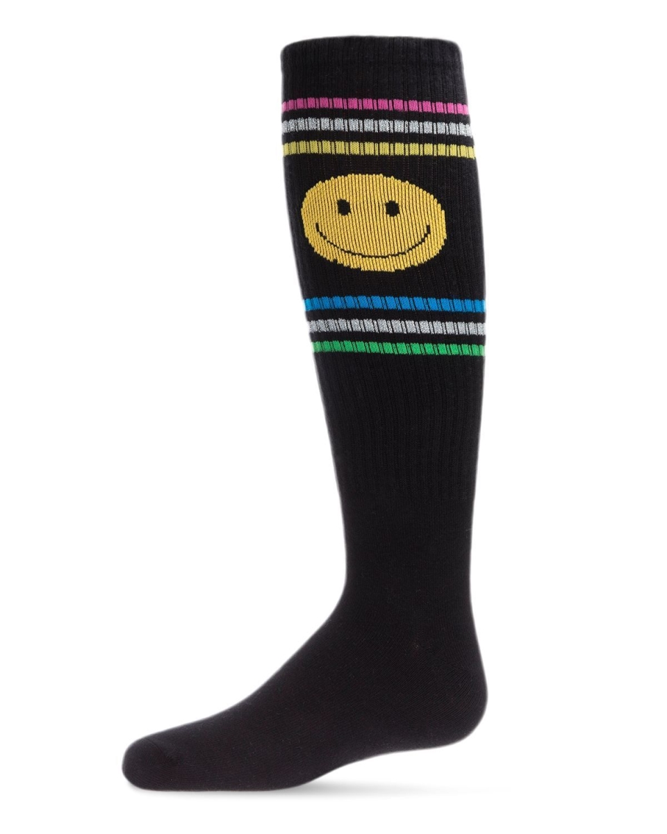 MKF-7080-00001-4 Multi Stripe Smiley Knee High Socks for Girls, Black - Size 4