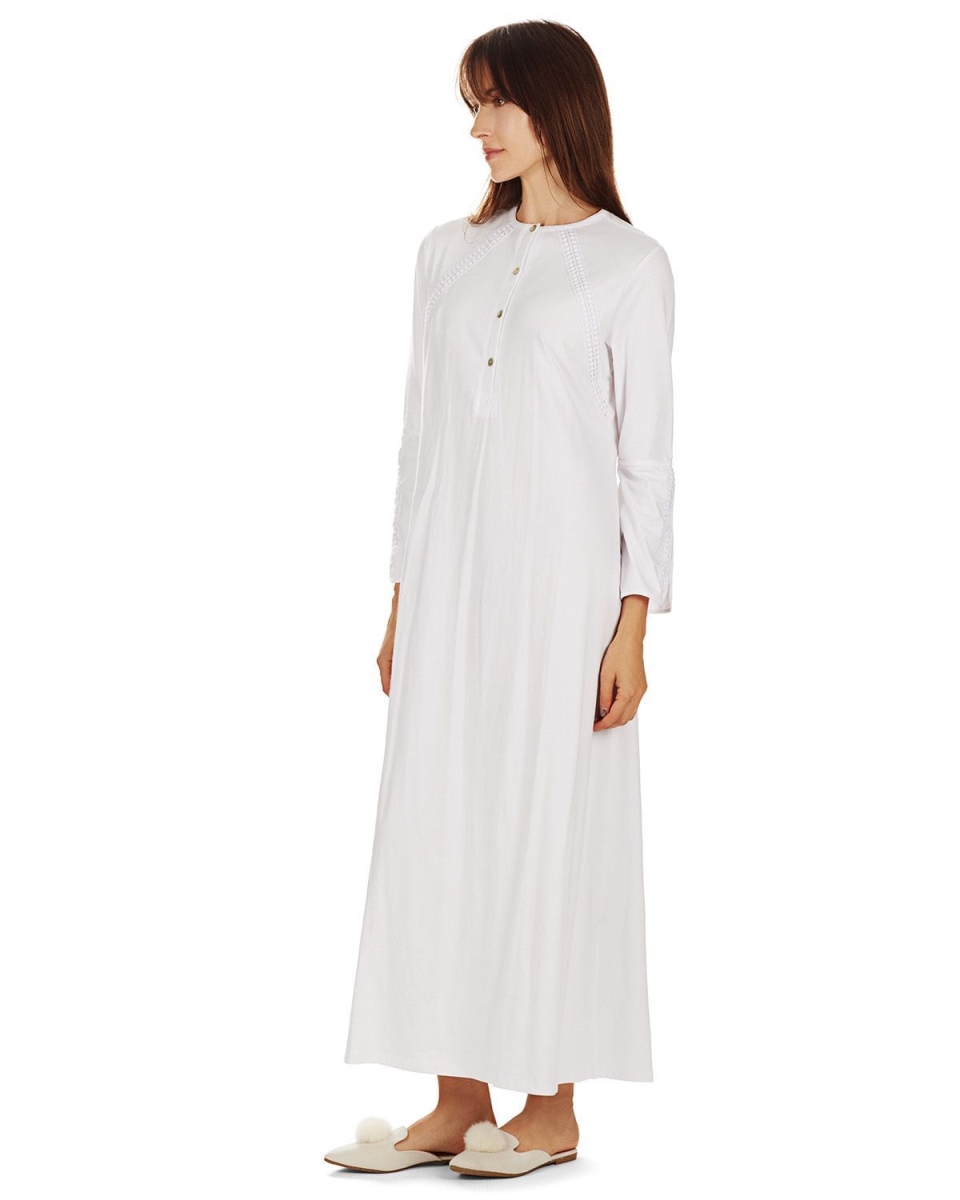 Picture of Memoi CNL07263-10103-L Bell Sleeve Trimmed Long Placket Gown for Womens, White - Large