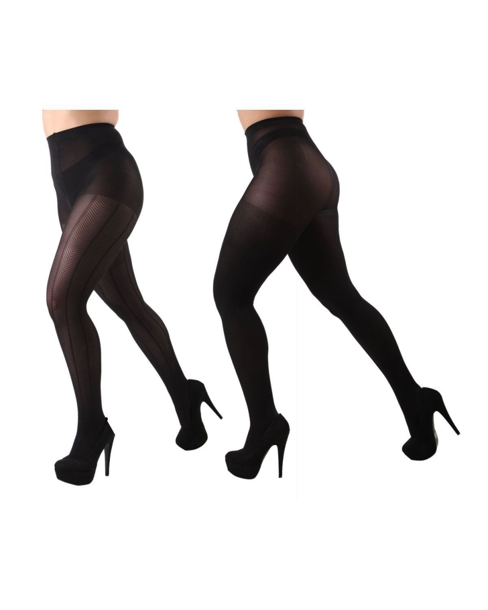 MJB-111-96010-M-L Herringbone & Solid Control Top Tights for Womens, Black - Medium-Large - Pack of 4