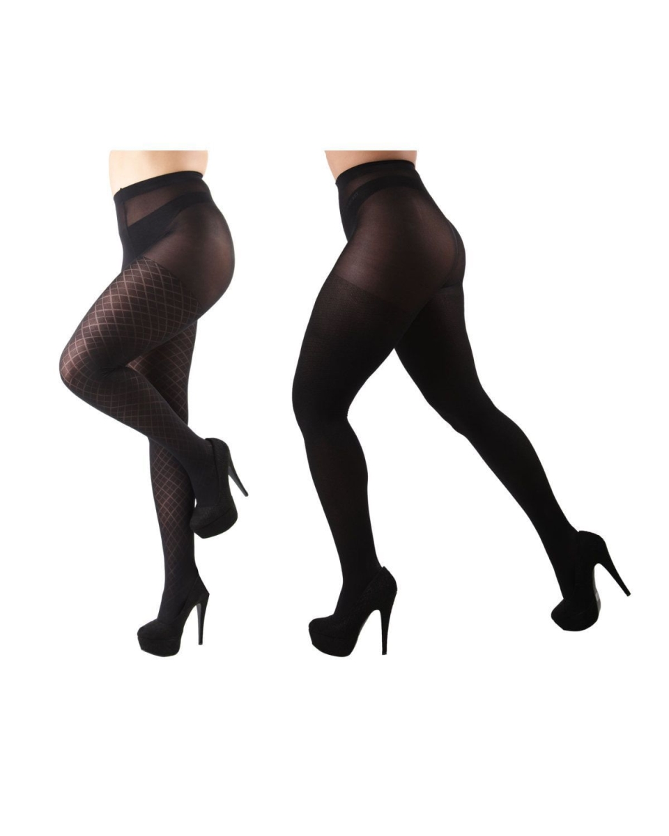 MJB-110-96010-L-XL Diamonds & Solid Control Top Tights for Womens, Black - Large-Extra Large - Pack of 4
