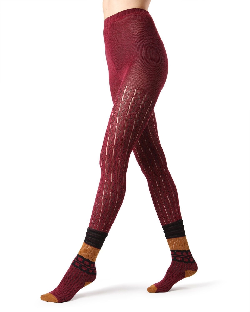 Women's Designernate Cotton Blend Multi-Pattern Sweater Tights - Red / Small/Medium