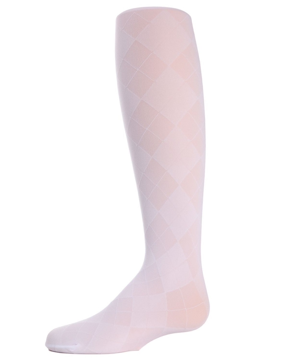 MK-308-10103-2-4 Girls Sheer Argyle Tights, White - Size 2-4