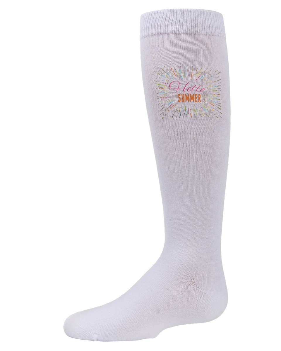 MKF-7046-10103-2 Hello Summer Girls Knee High Socks, White - Size 2