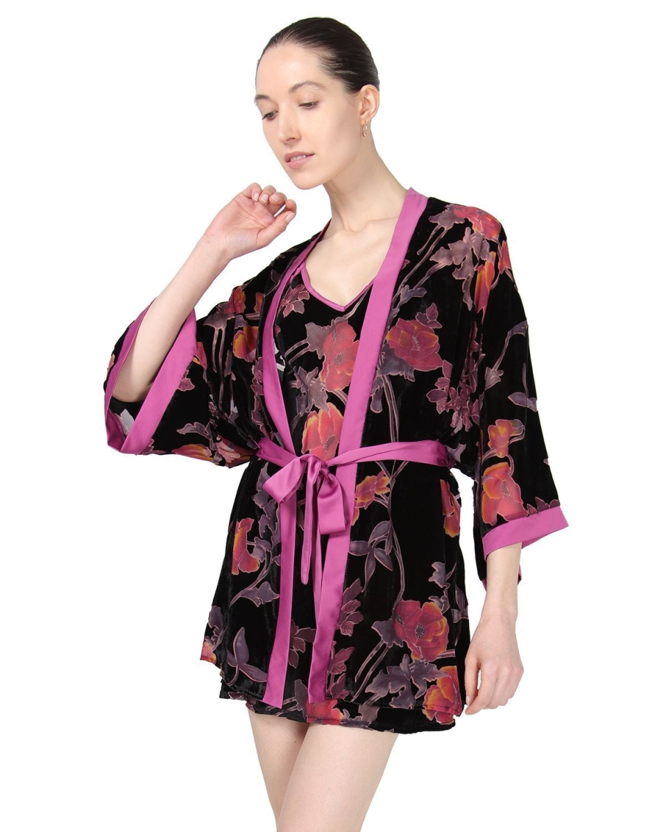 Picture of Memoi CRS00068-00001-XL Velvet Burnout Kimono Robe for Womens&#44; Black - Extra Large