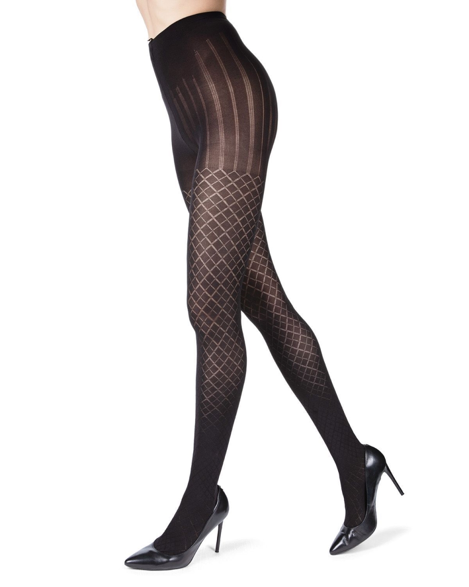 MO-318-00001-L-XL Diamond Argyle Control Top Tights for Womens, Black - Large-Extra Large