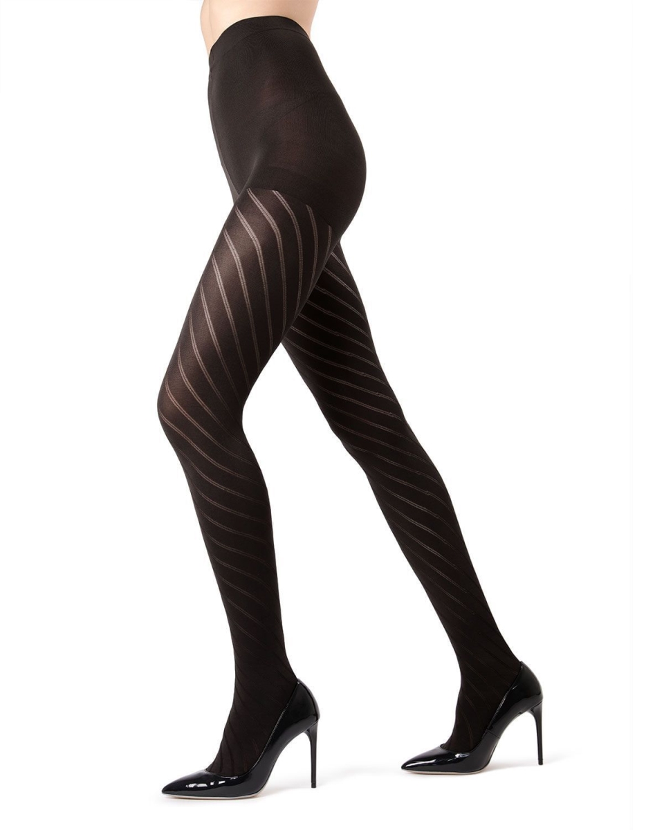 MO-320-00001-S-M Spiral Opaque Control Top Tights for Womens, Black - Small-Medium