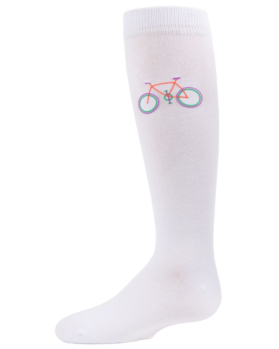 MKF-7048-10103-2 Bicycle Knee High Girls Socks, White - Size 2