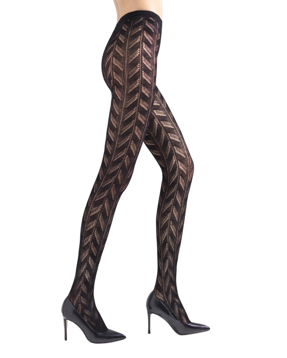 NTF6-375-00001-M-L Quilt Jacquard Pointelle Tights, Black - Medium-Large