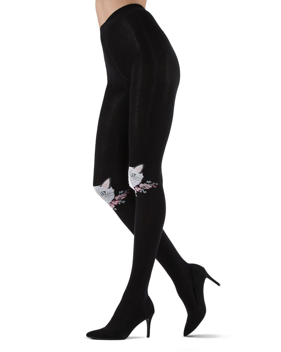 MTF05373-00001-S-M Cat Face Design Sweater Tights for Womens, Black - Small-Medium