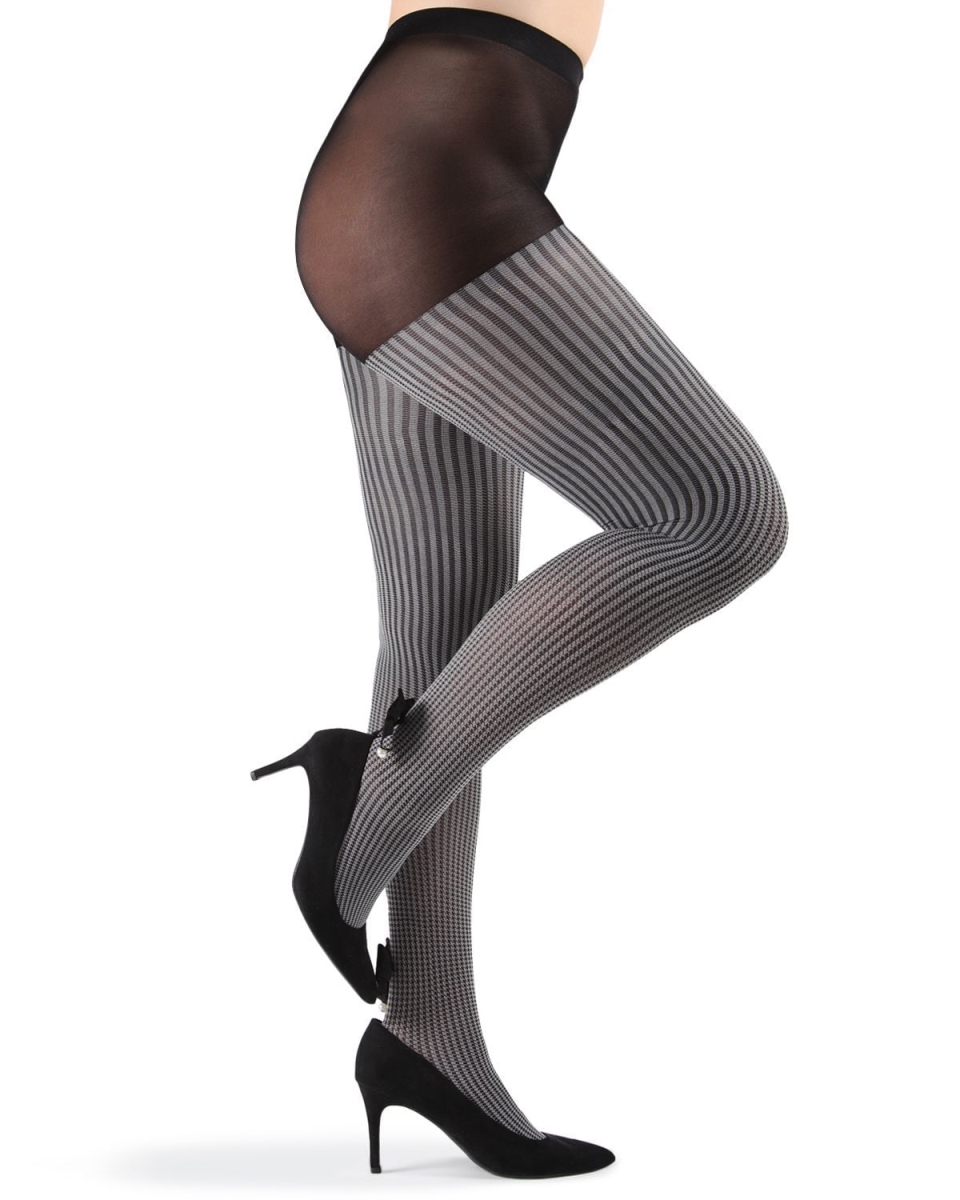MTF05377-00001-M-L Houndstooth Pearl Bow Opaque Tights for Womens, Black - Medium-Large