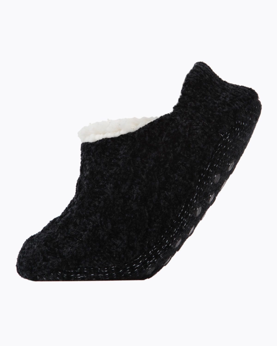 Classic Cable Knit Chenille Slipper for Womens - Black - Medium-Large