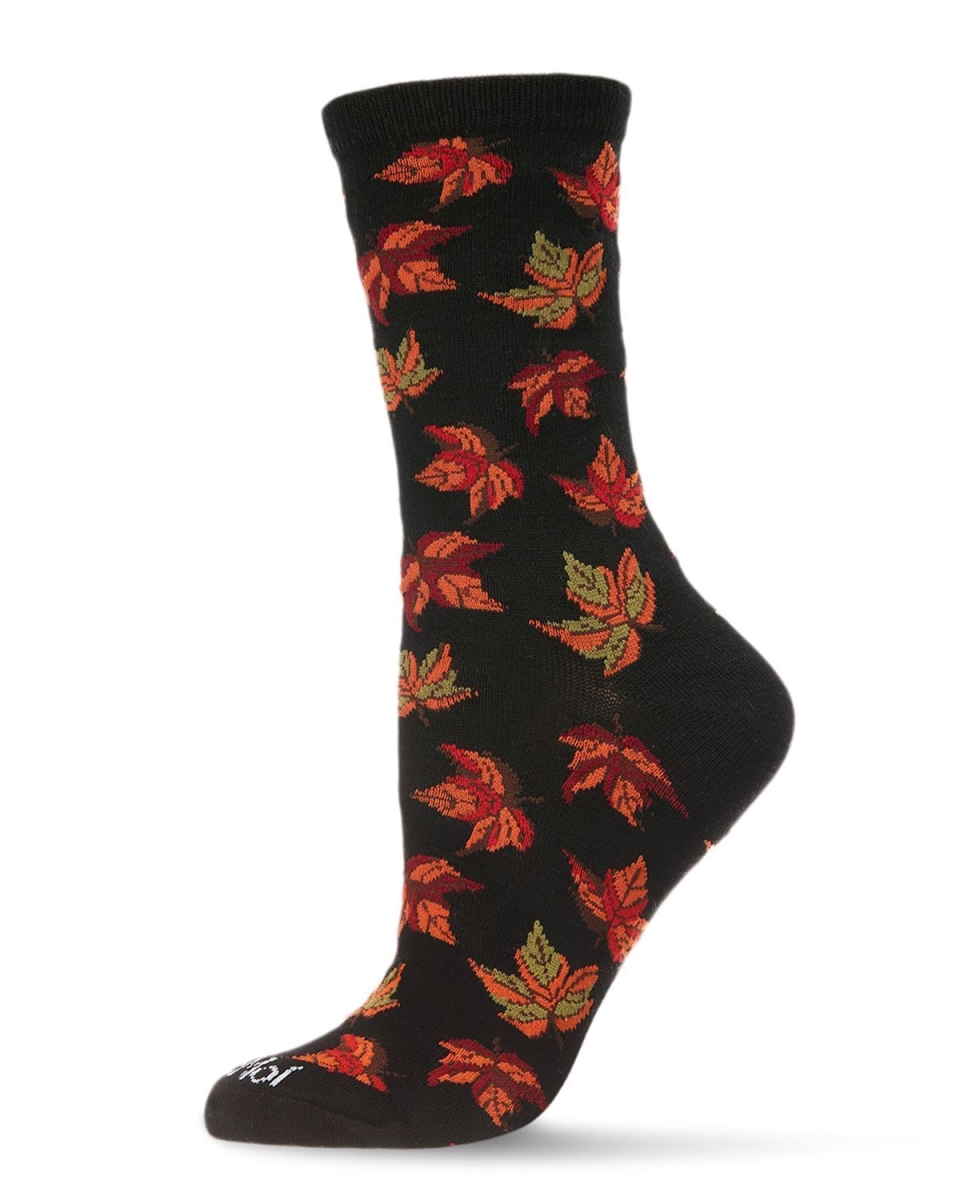 Autumn Leaves Bamboo Crew Socks for Womens - Black - Size 9-11