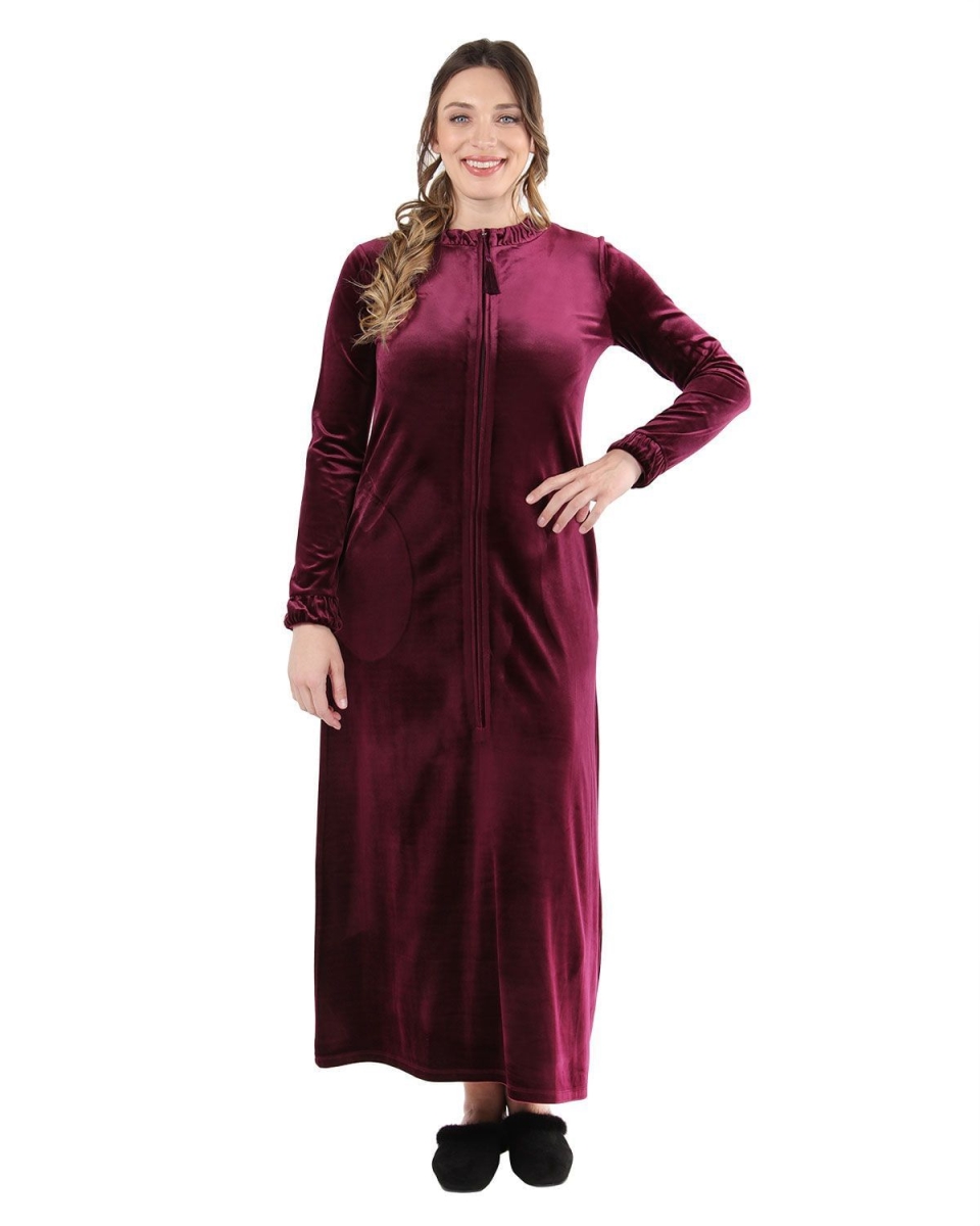 Picture of Memoi CLR05240-60122-L Velour Zip Front Lounger Gown for Womens, Burgundy - Large