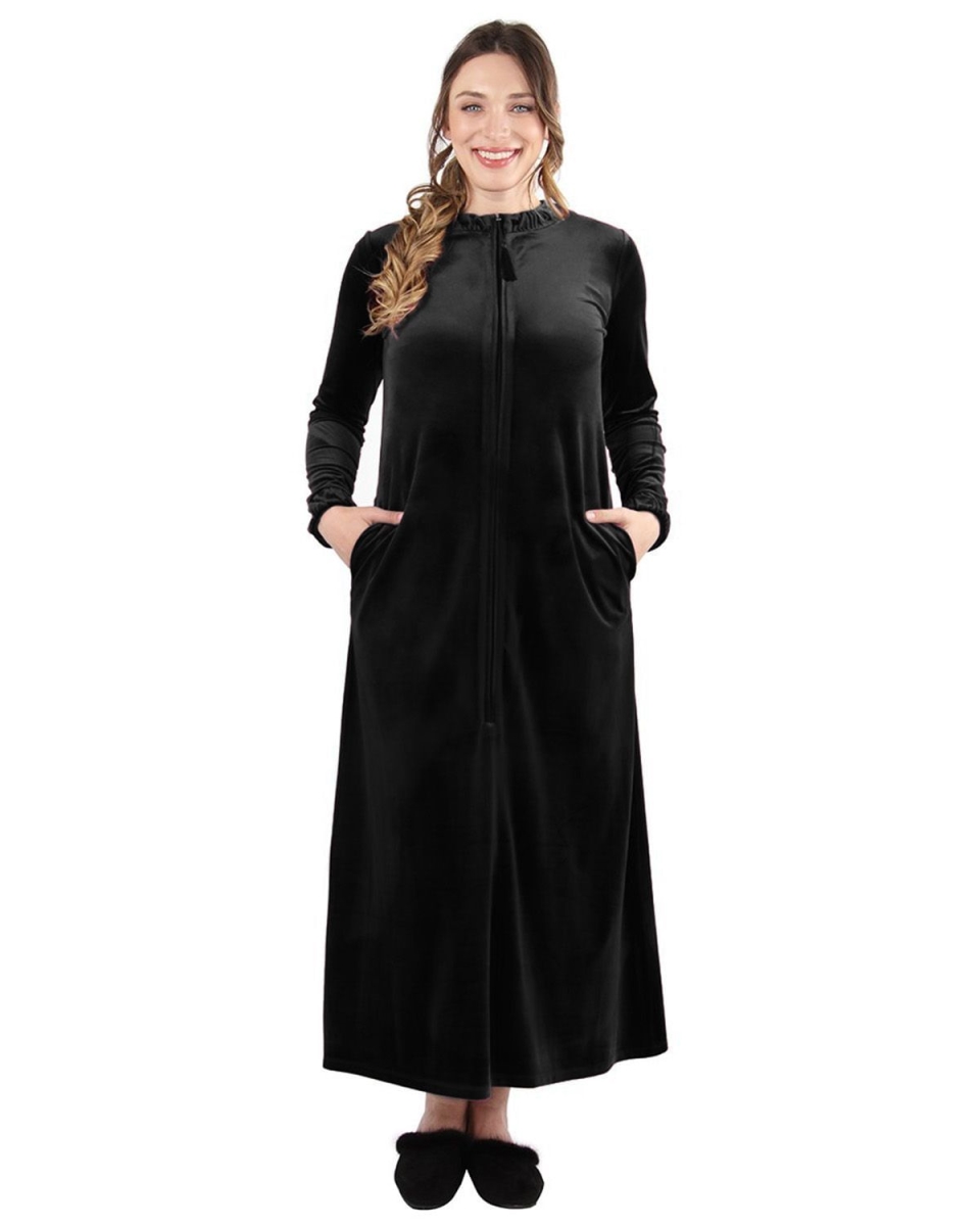 Picture of Memoi CLR05240-00001-L Velour Zip Front Lounger Gown for Womens, Black - Large