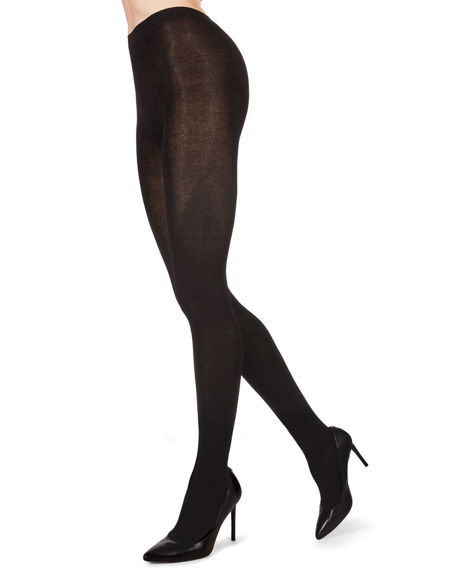 EM-200-1-00001-S-M Bamboo Blend Flat Knit Tights for Womens, Black - Small-Medium