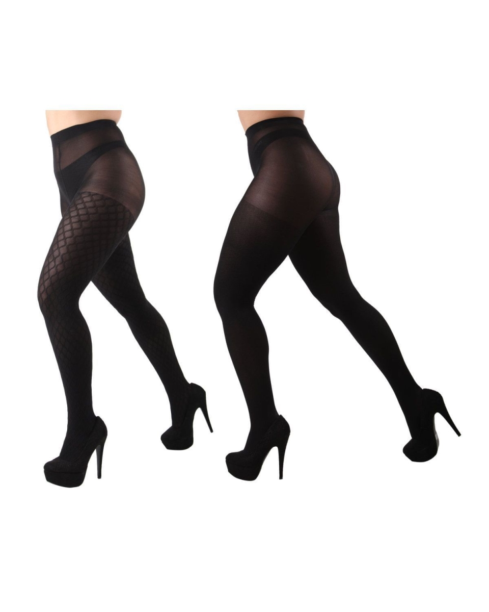 MJB-130-96010-L-XL Chain Link & Solid Control Top Tights for Womens, Black - Large-Extra Large - Pack of 2