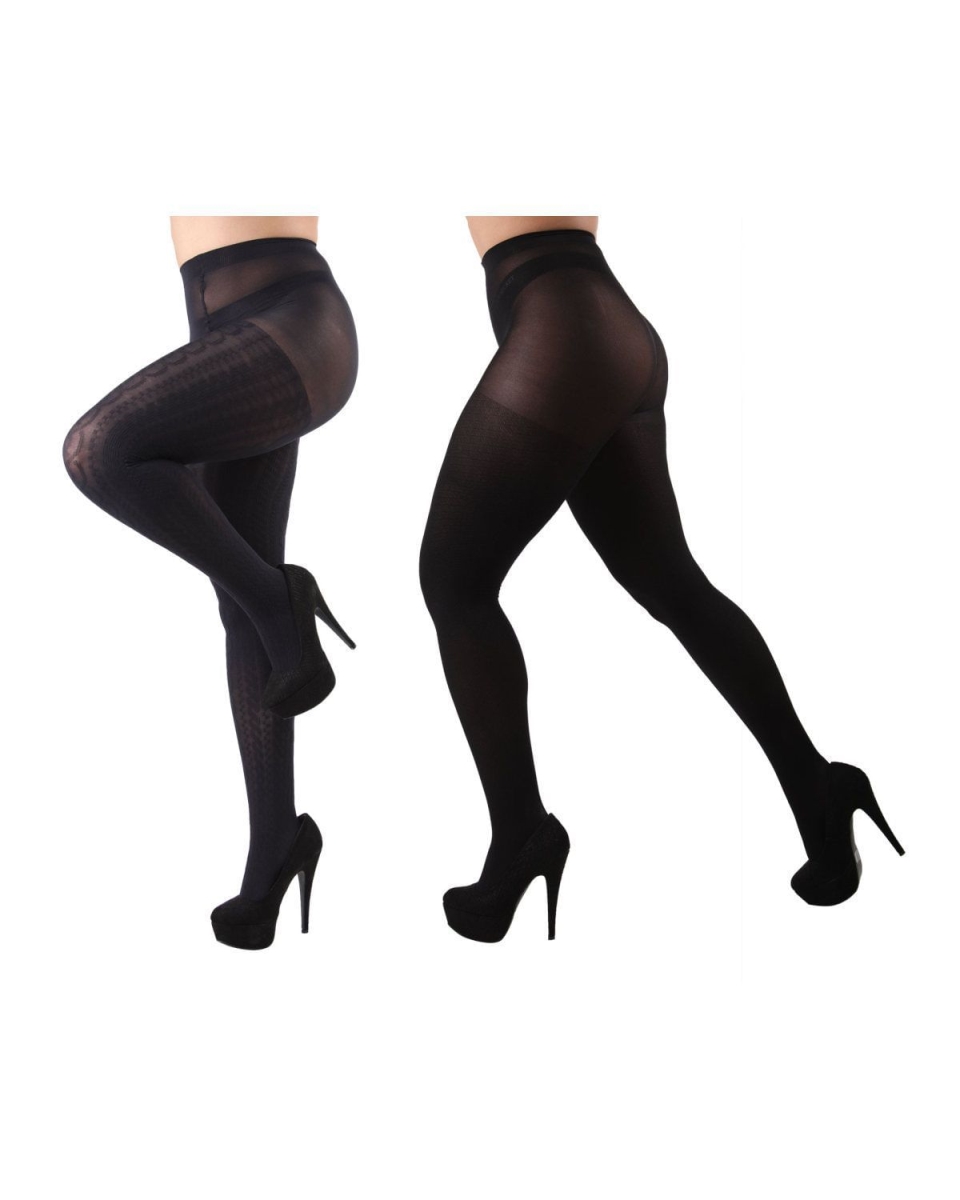 MJB-131-40135-M-L Candelabra & Solid Control Top Tights for Womens, Navy & Black - Medium-Large - Pack of 2