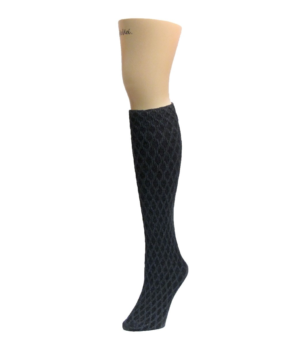 MF2-772-00001-OS Exotic Diamond Opaque Knee High Sock for Womens, Black - One Size