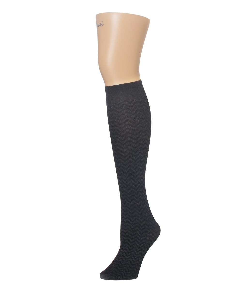 MF2-774-06002-OS Horizontal Zag Opaque Knee High Sock for Womens, Black Heather - One Size