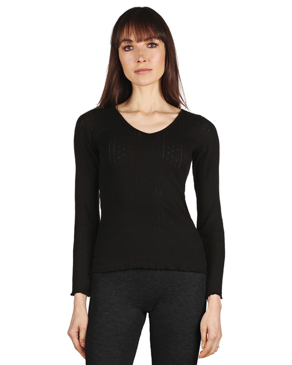 CTL07480-00001-L Pointelle Rib Seamless Womens Long Sleeve Top, Black - Large -  MeMoi