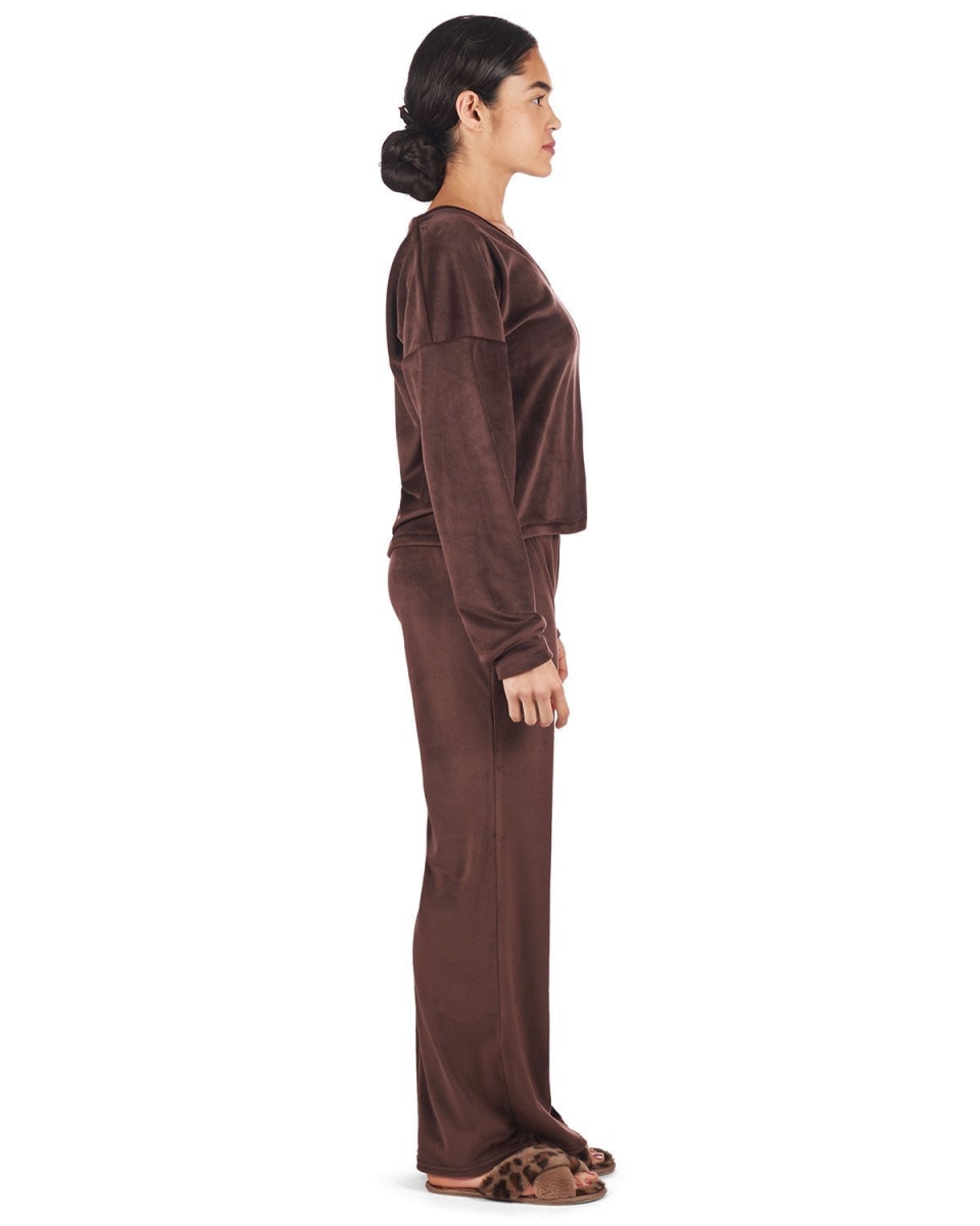 Velour V-Neck Pant Set for Women, Dark Brown - Extra Small