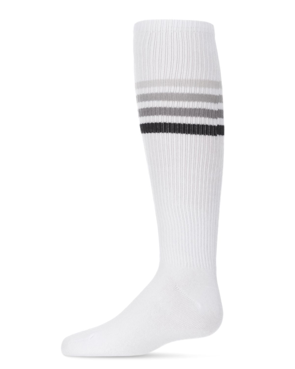 MKF-7089-11002-14 Thin Ribbed Athletic Stripe Cotton Blend Knee High Socks for Girls, White, Gray & Black - Size 14
