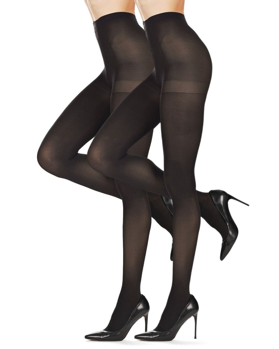 MJB-101-96010-M-L Ribbed & Solid Control Top Tights for Women, Black & Black - Medium-Large - Pack of 2