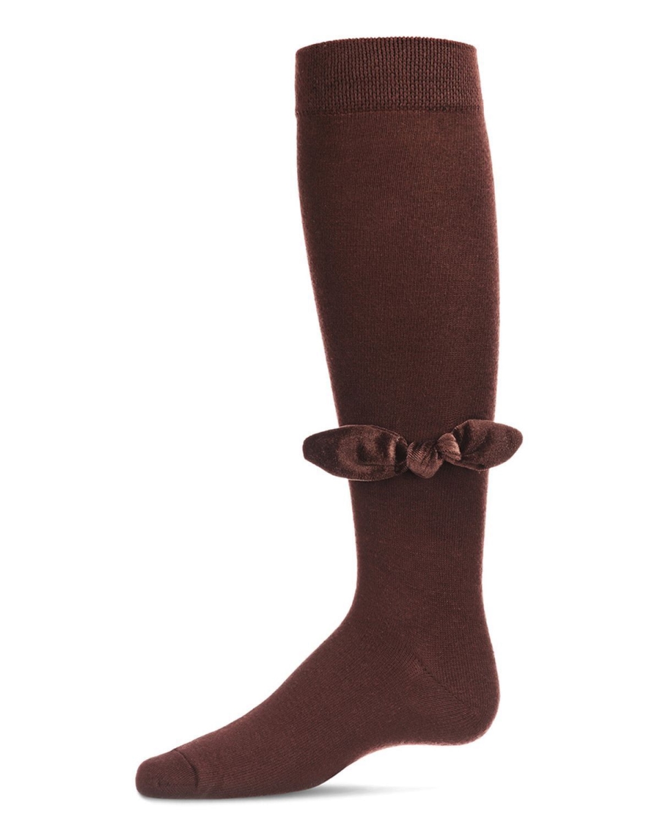 MKF-7110-20112-4 Velvet Bow Cotton Blend Knee High Sock for Girl, Java - Size 4