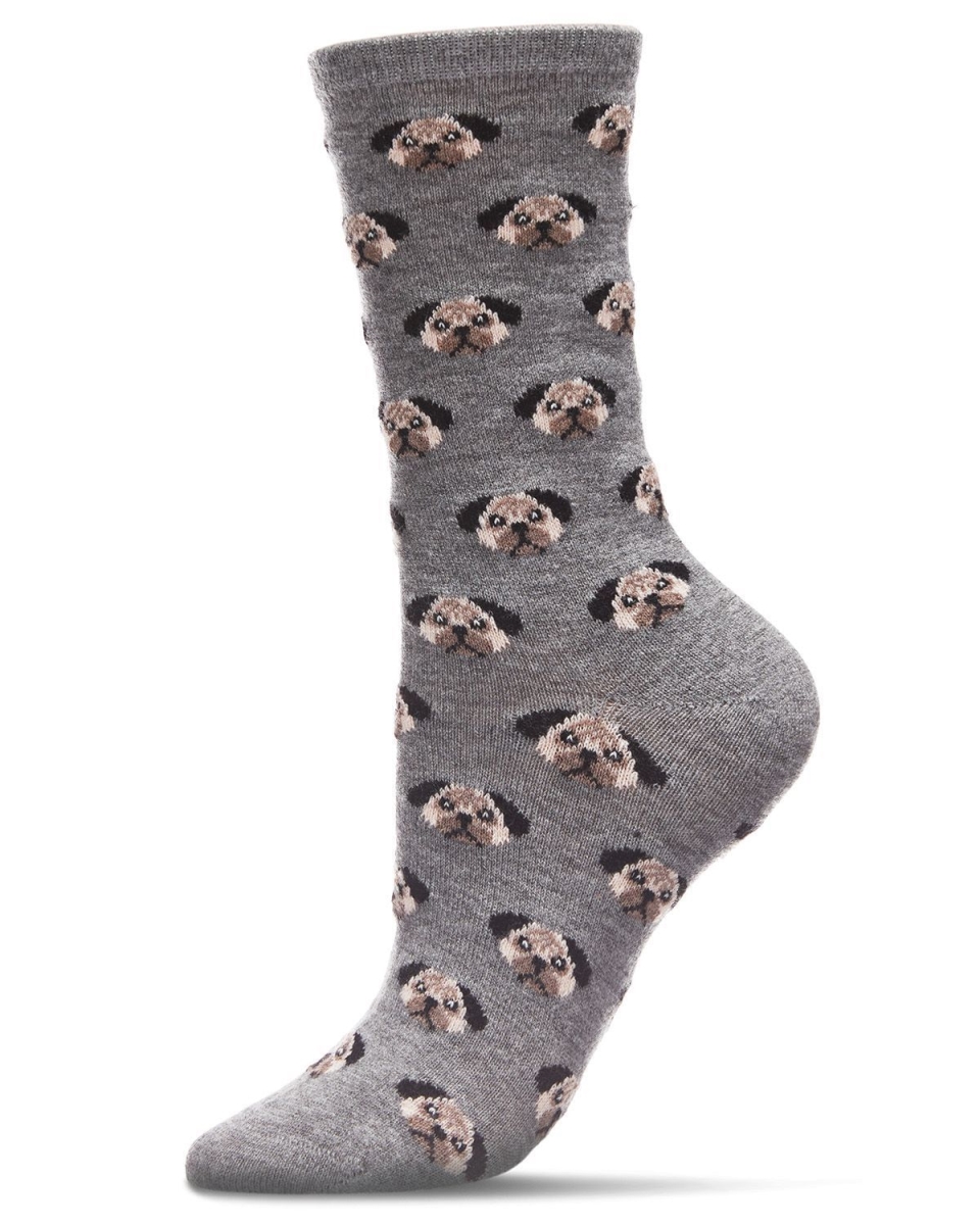 Fun Dog Face Cashmere Crew Socks - Medium Gray Heather - Size 9-11 - Soft Cashmere Blend