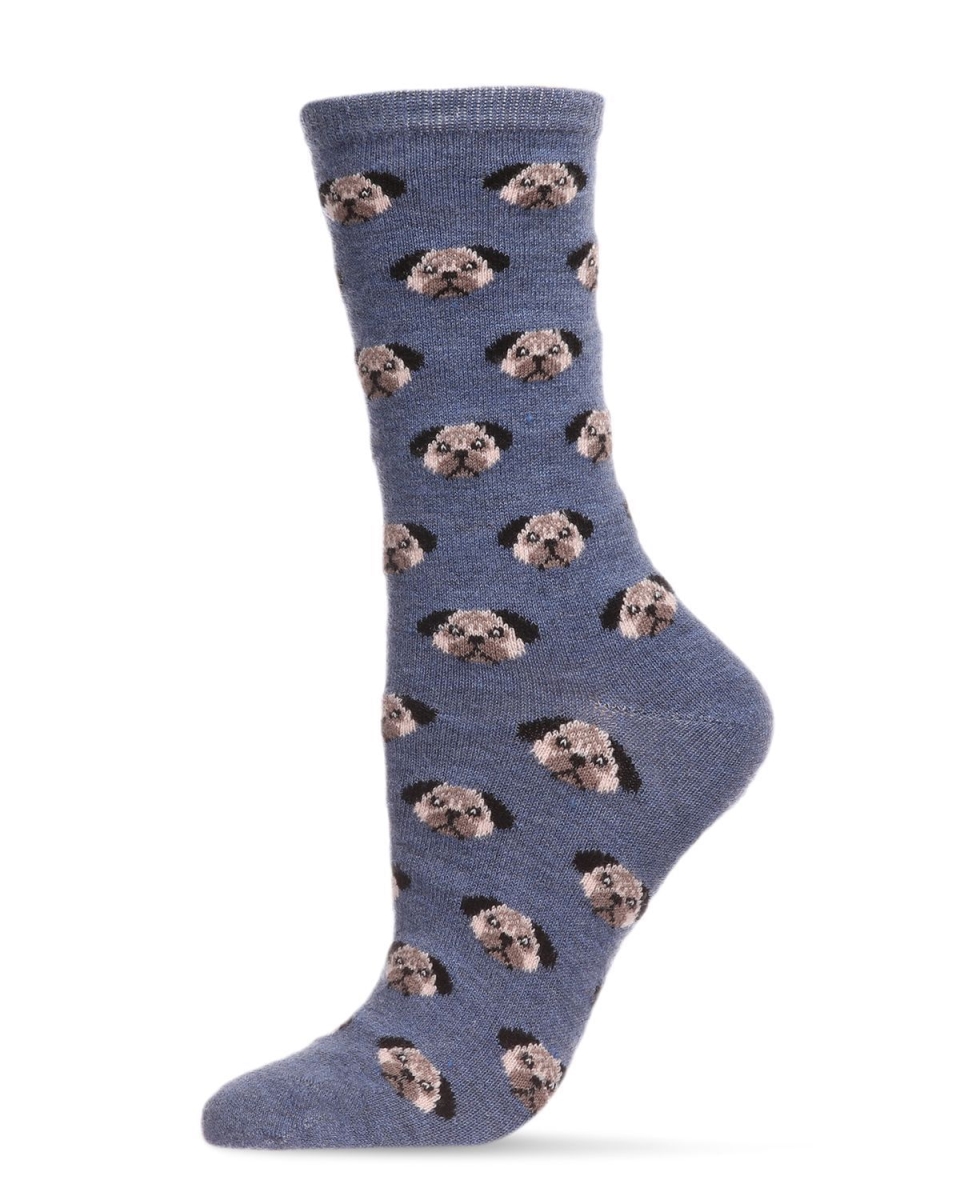 Cat Face Cashmere Crew Sock - Denim Heather - Size 9-11 - Soft Cashmere Blend