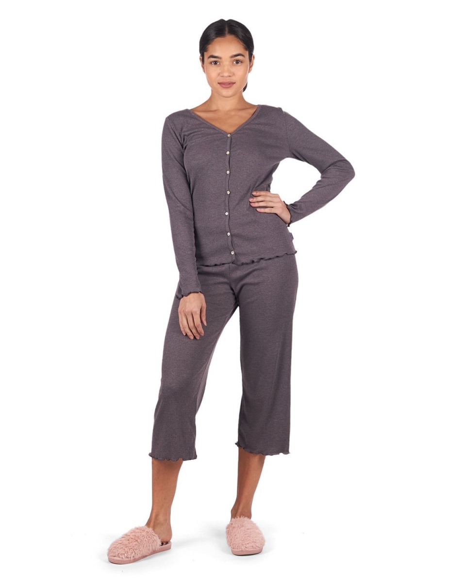 Women's Ruffled Lettuce Edge Rib Long Sleeve and Capri Set - Purple-Gray / L