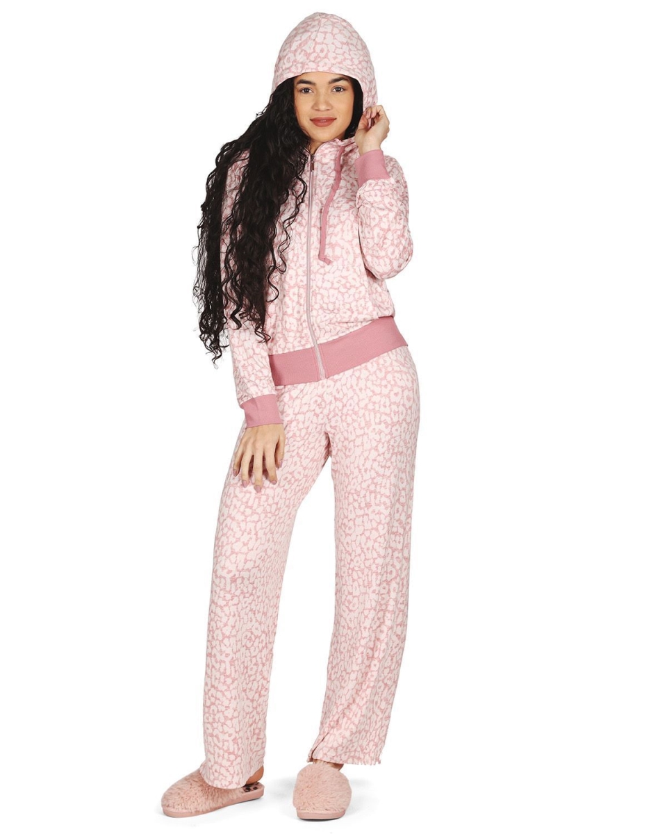 Picture of Memoi CJK07825-69004-L Leopard Zip Hoodie for Women, Pink - Large