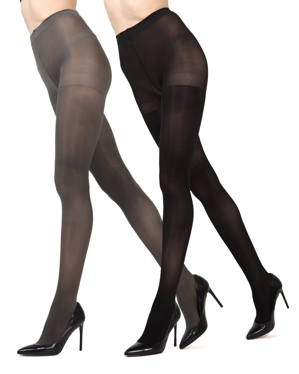 Womens Control Top Microfiber Tights, Gray & Black - Size Q1-2 - Pack of 2