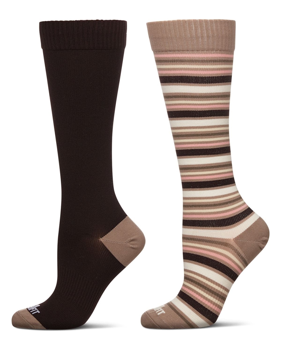 WFY08483-25215-9-11 Women Multi Stripes & Solid Compression Socks, Taupe & Brown - Size 9 to 11 - 2 Pair
