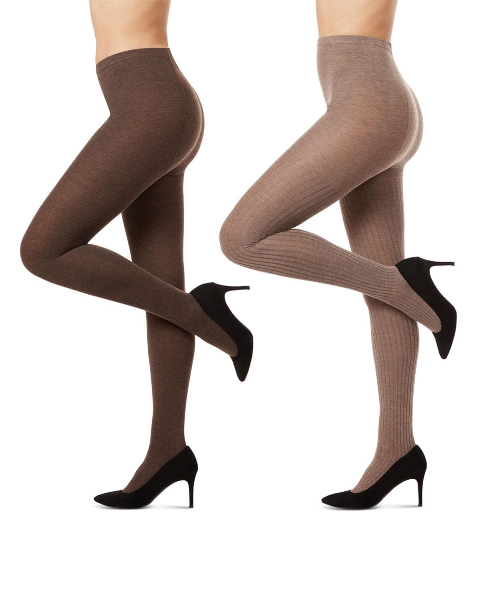 MJB-300-25211-S-M Womens Rib & Solid Sweater Tights, Taupe Heather & Brown - Pack of 2
