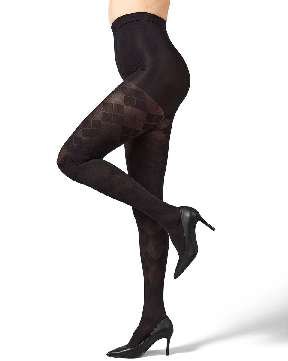 MO-122-00001-M-L Women Classic Soft Argyle Opaque Tights, Black - Medium & Large