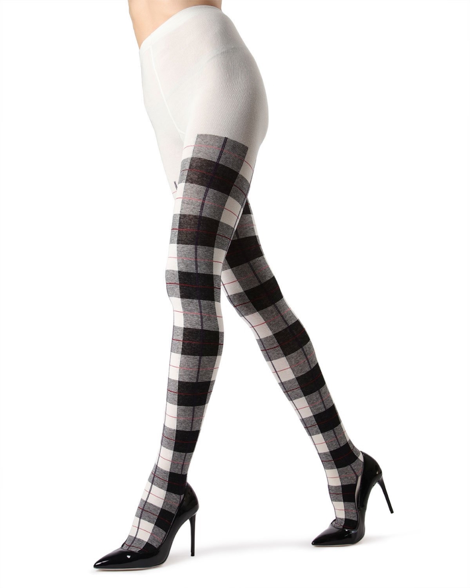 Womens Glasgow Plaid Sweater Tights, Winter White - Small & Medium