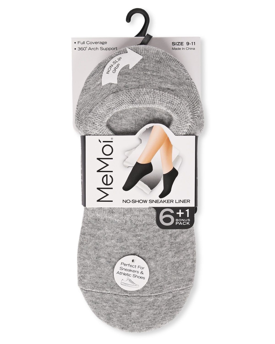 MP057-06022-OS Women Cotton Blend No Show Sneaker Liners, Grey & White - Black - One Size - 7 Pair
