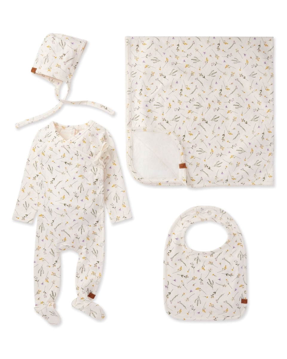 4 Piece Baby Girls "Pretty Petals" Rayon Blend Pointelle Footie Set - Winter White / 3 Months