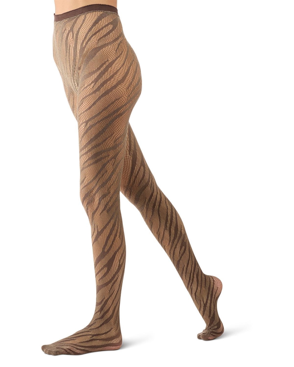 MTN08951-20118-M-L Women Zebra Net Tights, Mud - Medium & Large