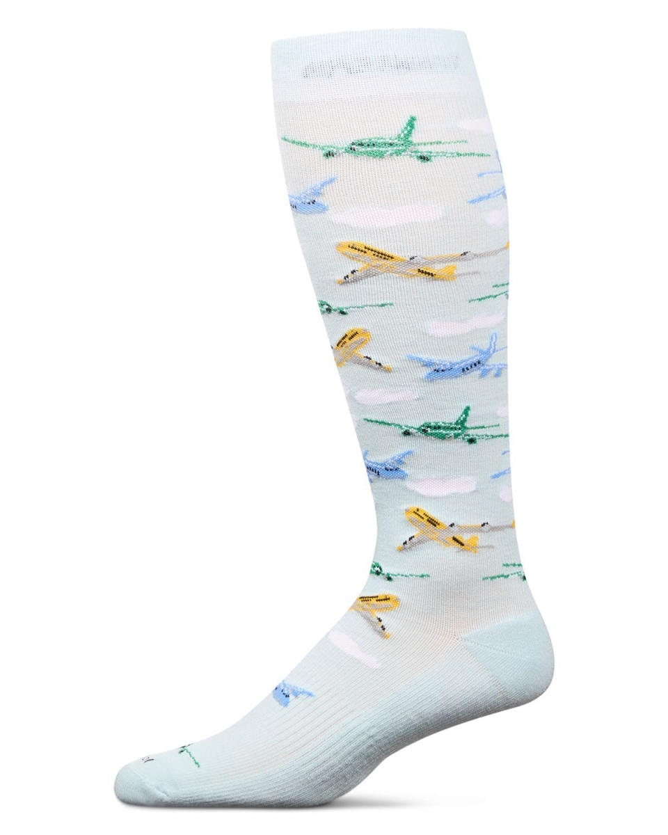 AOY08984-45012-10-13 Airplanes Bamboo Blend 8-15 mmHg Graduated Compression Socks, Light Blue - Size 10 to 13
