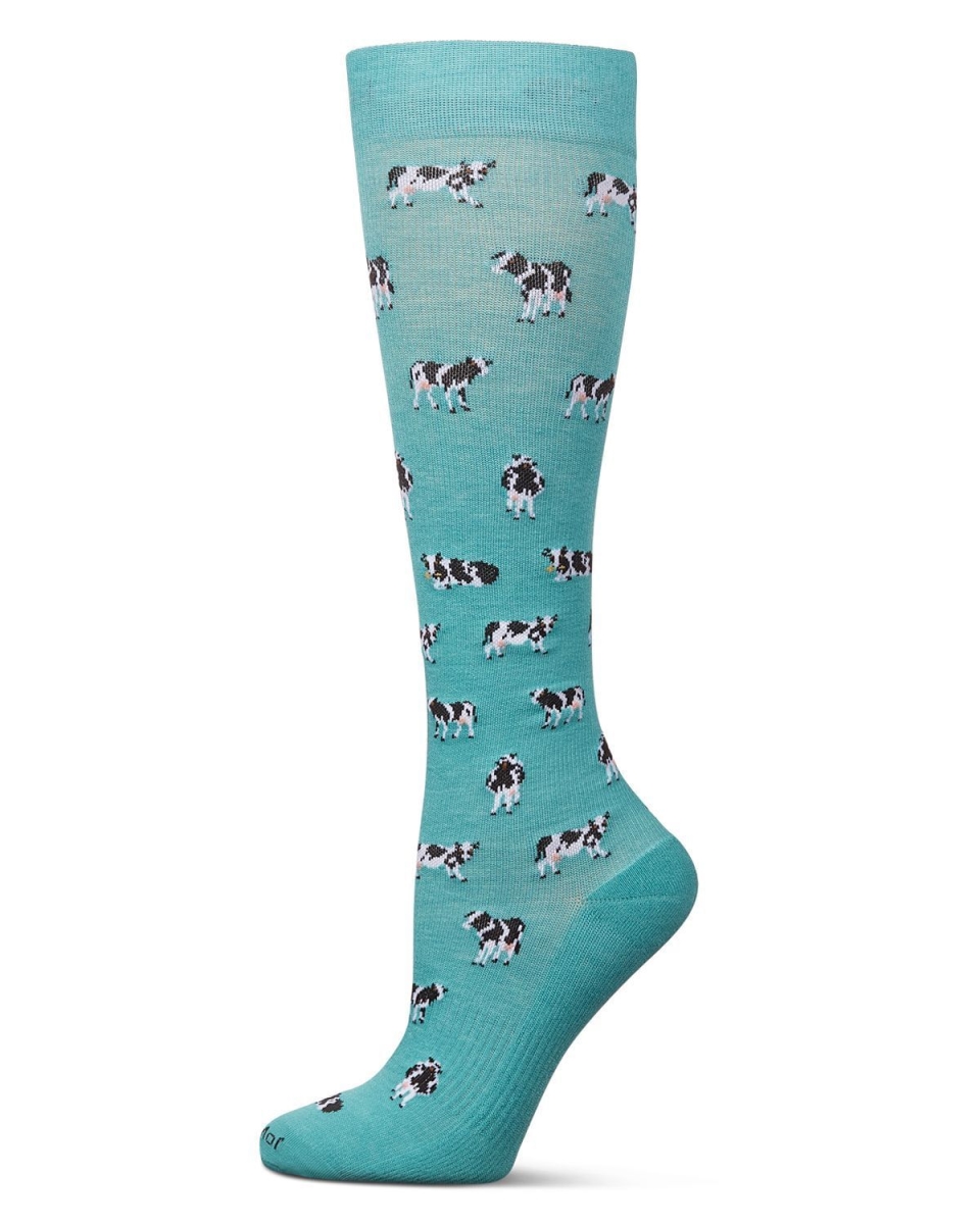MFY08995-46022-9-11 Cows Bamboo Compression Socks, Teal - Size 9 to 11