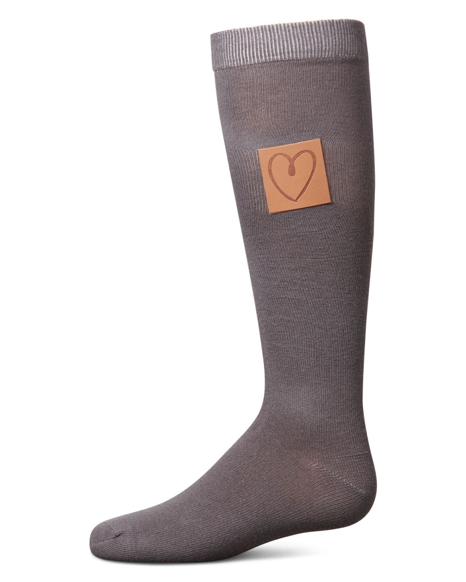 MKF-11577-02004-4 Girls Cork Heart Patch Tab Knee High Socks, Gray - Size 4