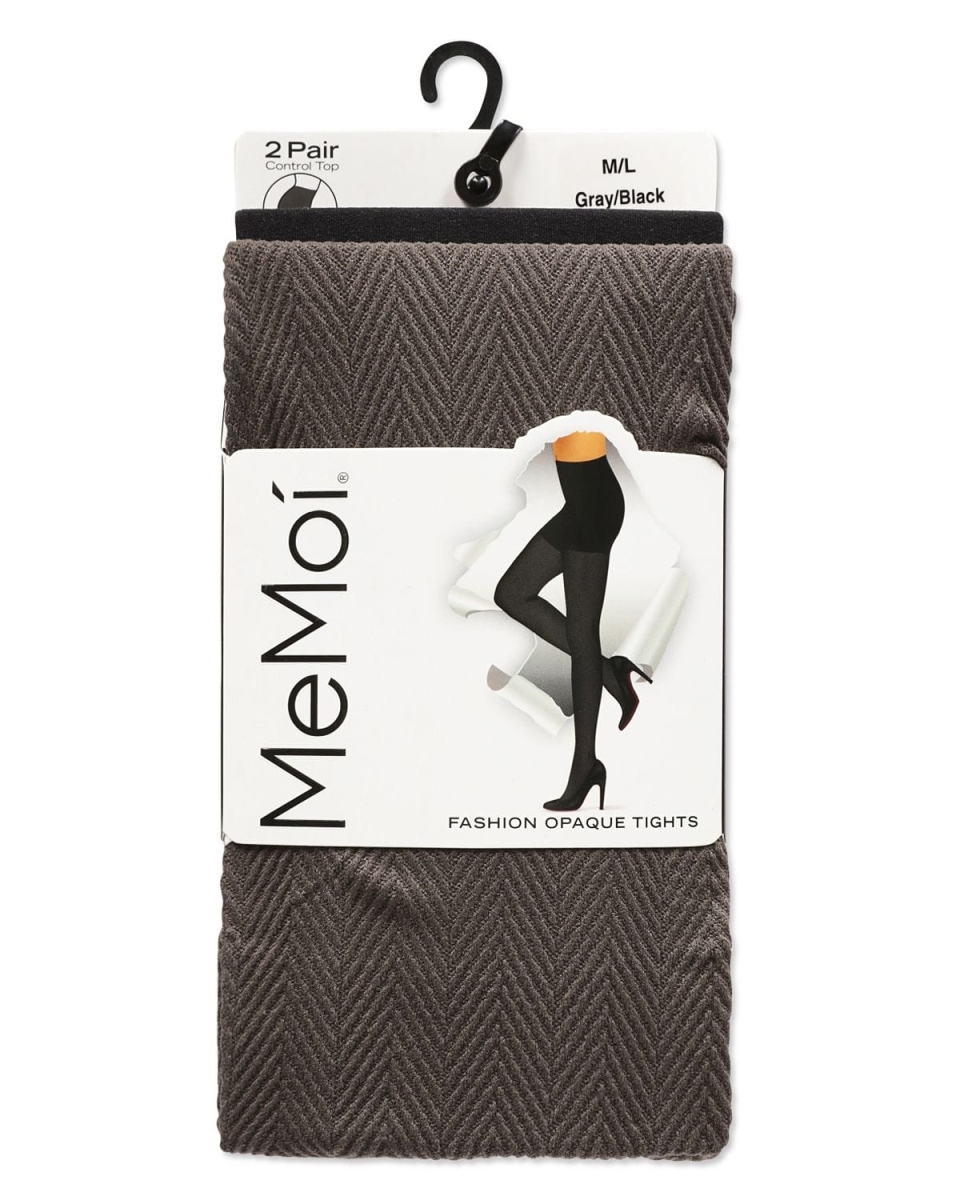MJB-108-06008-S-M Chevron Wave & Solid Control Top Tights, Gray & Black - Medium - Pack of 2